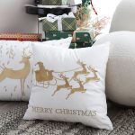 5-SOGA 45cm Throw Pillow White with Golden Christmas Sleigh Design Festive Holiday Square Cushion Decor