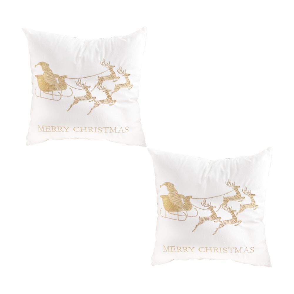 1-SOGA 2X 45cm Throw Pillow White with Golden Christmas Sleigh Design Festive Holiday Square Cushion Decor