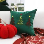 5-SOGA 45cm Throw Pillow Green Three Embroidered Christmas Trees for Festive Holiday Square Cushion Home Decor