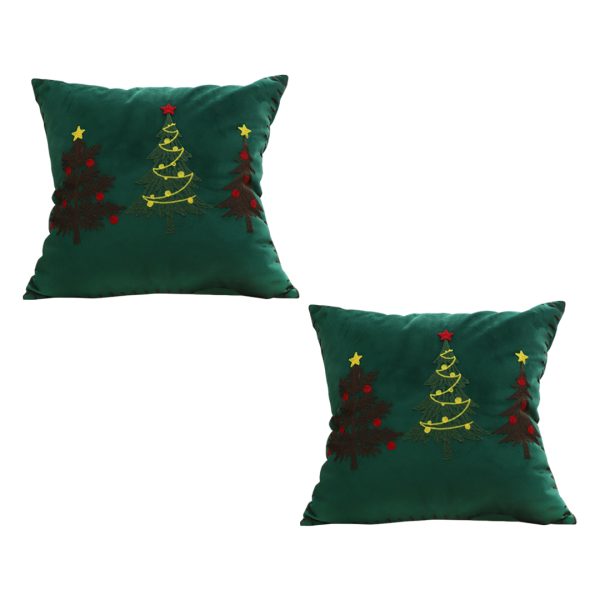 1-SOGA 2X 45cm Throw Pillow Green Three Embroidered Christmas Trees for Festive Holiday Square Cushion Home Decor