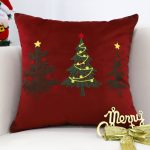 2-SOGA 45cm Burgundy Red Throw Pillow with Three Embroidered Christmas Trees Festive Holiday Square Cushion Home Decor
