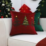 6-SOGA 45cm Burgundy Red Throw Pillow with Three Embroidered Christmas Trees Festive Holiday Square Cushion Home Decor