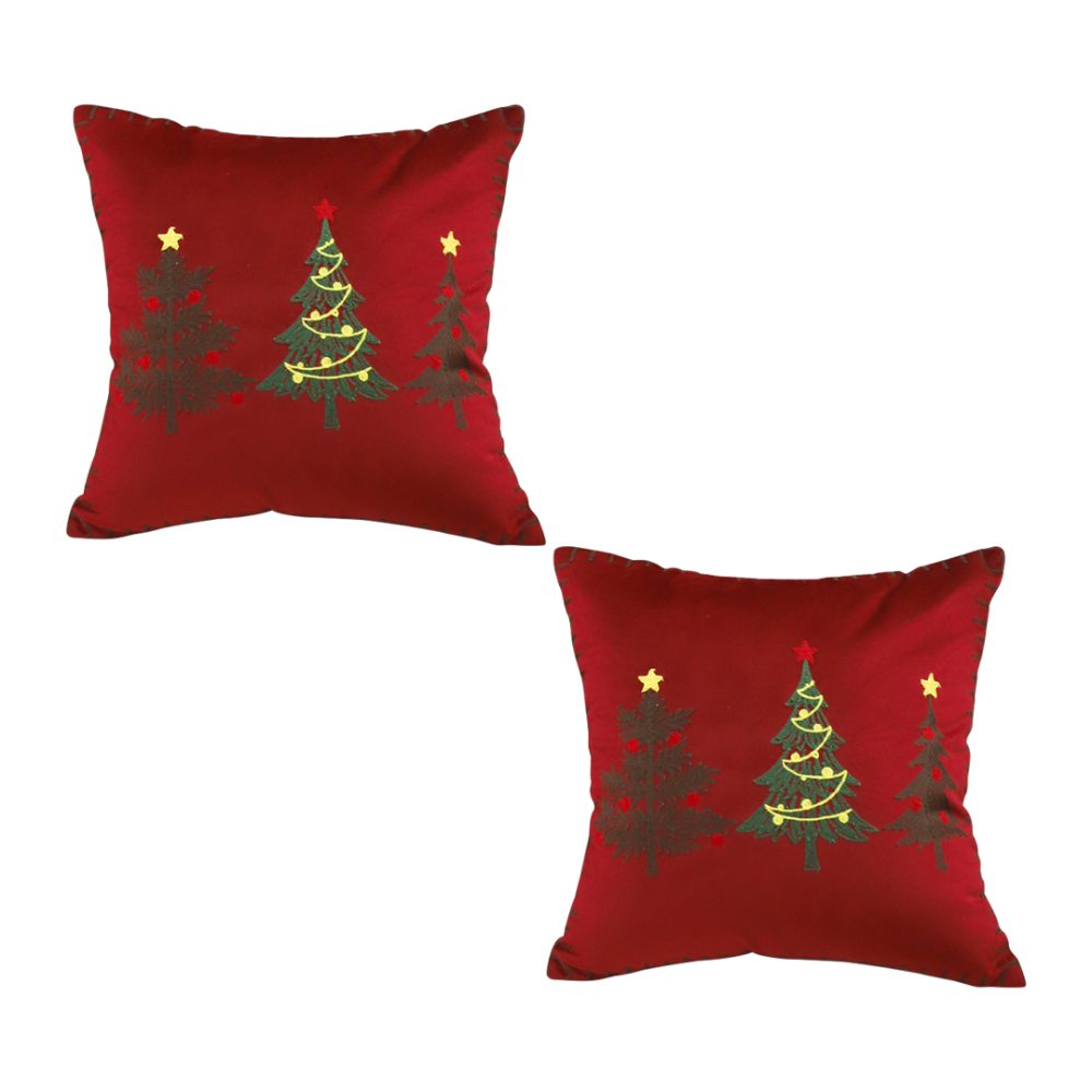 1-SOGA 2X 45cm Burgundy Red Throw Pillow with Three Embroidered Christmas Trees Festive Holiday Square Cushion Home Decor