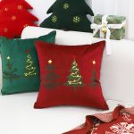 3-SOGA 2X 45cm Burgundy Red Throw Pillow with Three Embroidered Christmas Trees Festive Holiday Square Cushion Home Decor