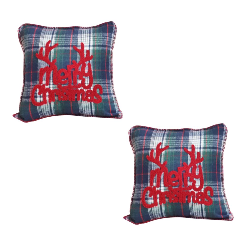 1-SOGA 2X 45cm Throw Pillow Multicolor Christmas Plaid with Antler Design for Festive Holiday Square Cushion Home Decor