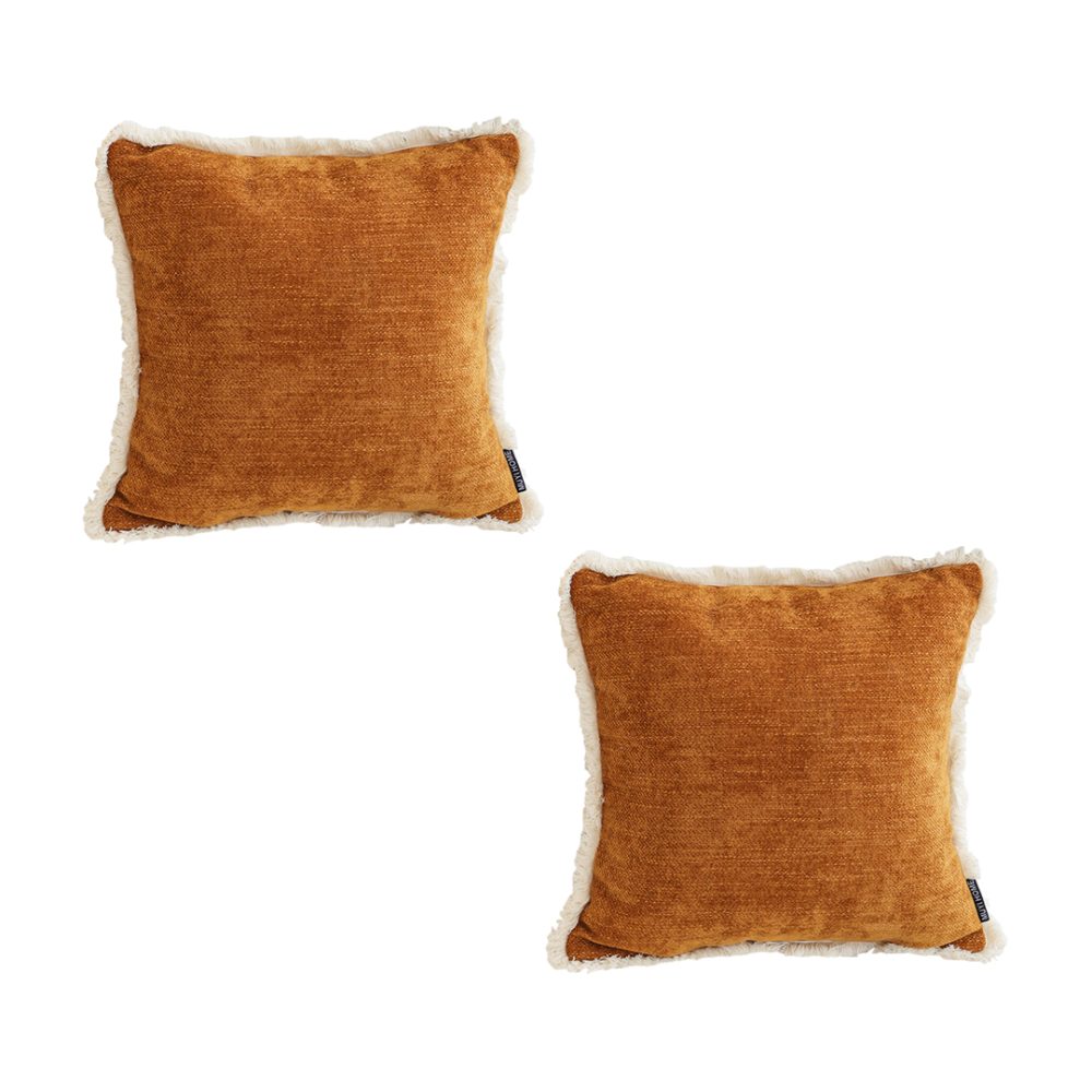 1-SOGA 2X 45cm Throw Pillow Sunset Orange Chenille Textured with Tassels Stylish Square Cozy Home Decor