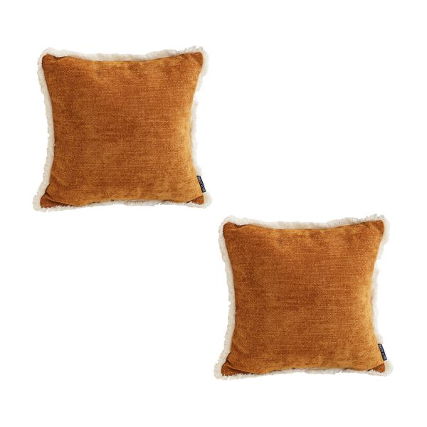 1-SOGA 2X 45cm Throw Pillow Sunset Orange Chenille Textured with Tassels Stylish Square Cozy Home Decor