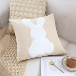 3-SOGA 45cm Throw Pillow Light Tan Square Cushion with Soft White Rabbit Design Decorative Home Decor