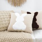 4-SOGA 45cm Throw Pillow Light Tan Square Cushion with Soft White Rabbit Design Decorative Home Decor