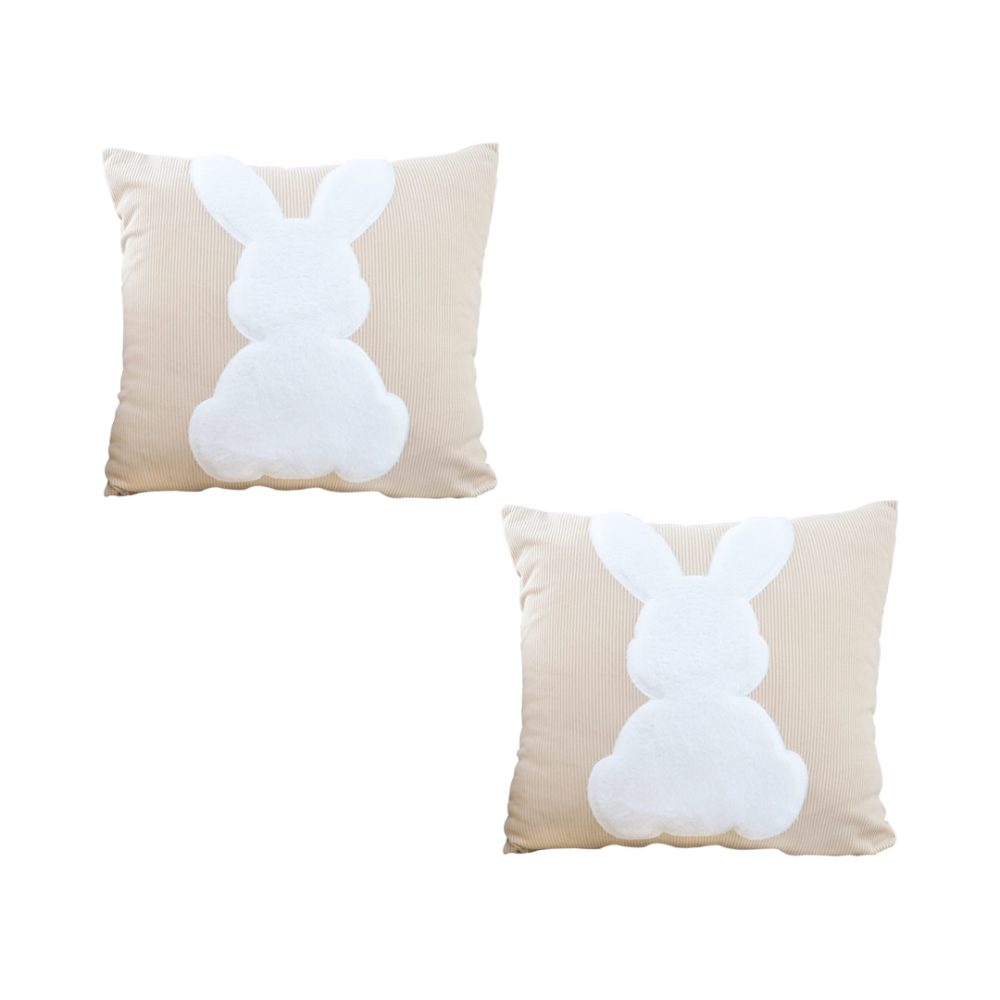 1-SOGA 2X 45cm Throw Pillow Light Tan Square Cushion with Soft White Rabbit Design Decorative Home Decor