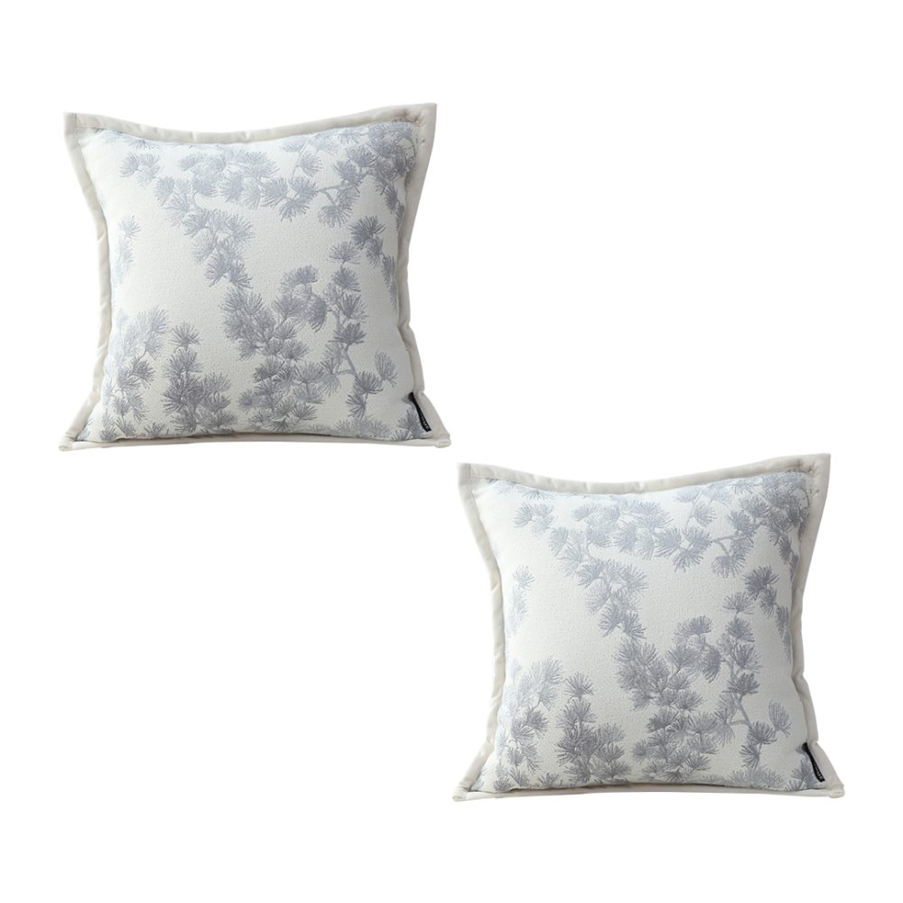 1-SOGA 2X 45cm Throw Pillow Cream White Wide Border with Branch and Pine Needle Design Pattern Home Decor