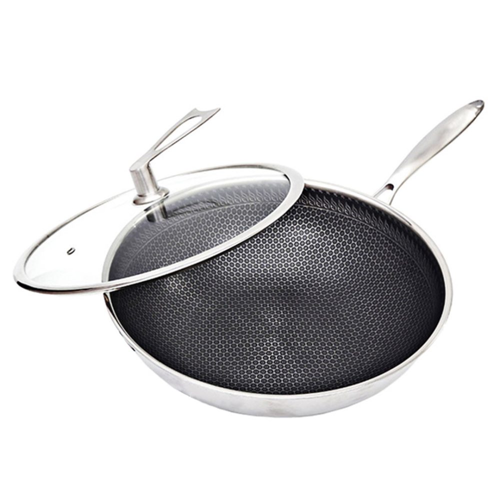 1-SOGA 32cm Stainless Steel Tri-Ply Frying Cooking Fry Pan Textured Non Stick Interior Skillet with Glass Lid