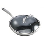 4-SOGA 32cm Stainless Steel Tri-Ply Frying Cooking Fry Pan Textured Non Stick Interior Skillet with Glass Lid