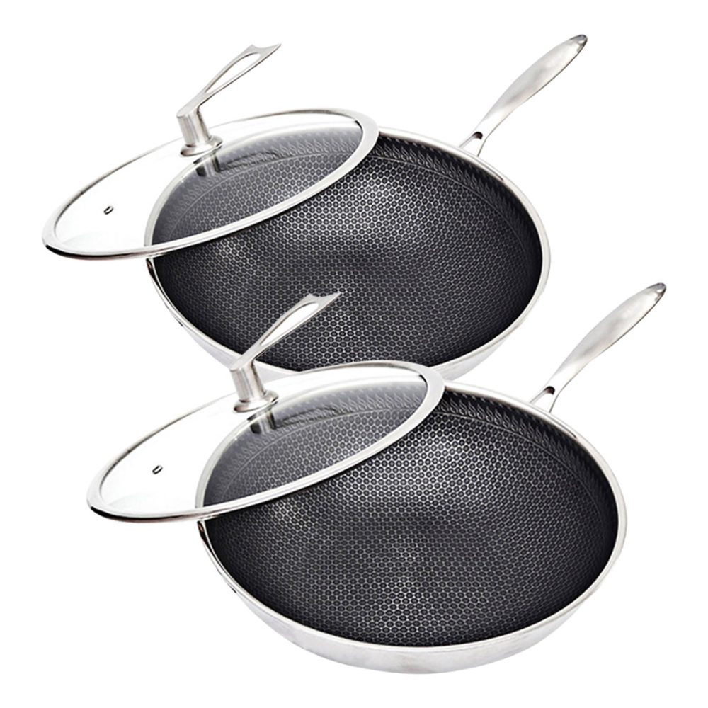 1-SOGA 2X 32cm Stainless Steel Tri-Ply Frying Cooking Fry Pan Textured Non Stick Interior Skillet with Glass Lid