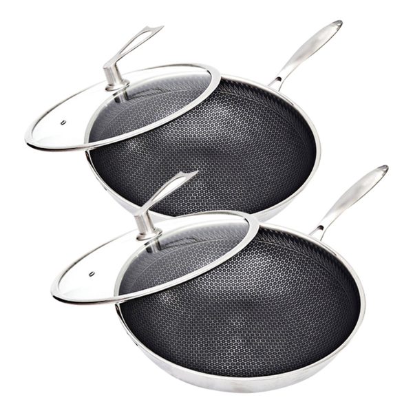 1-SOGA 2X 32cm Stainless Steel Tri-Ply Frying Cooking Fry Pan Textured Non Stick Interior Skillet with Glass Lid