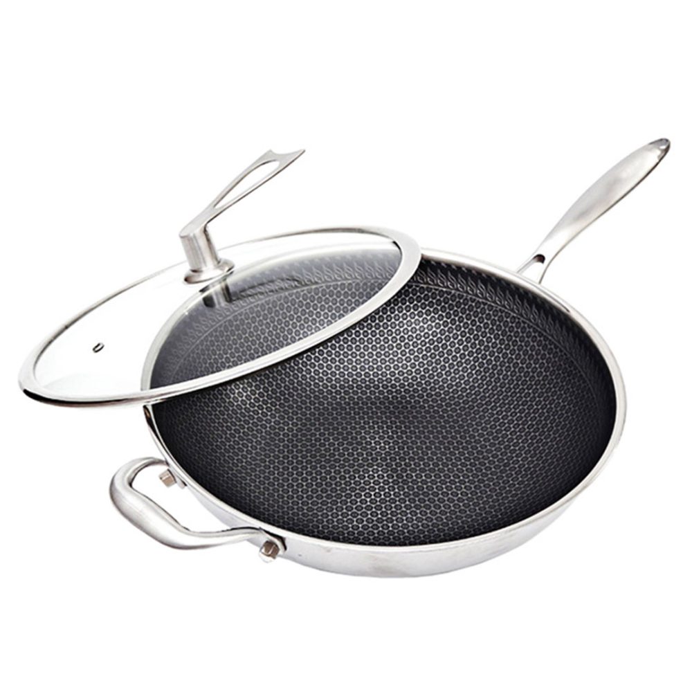 1-SOGA 34cm Stainless Steel Tri-Ply Frying Cooking Fry Pan Textured Non Stick Skillet with Glass Lid and Helper Handle