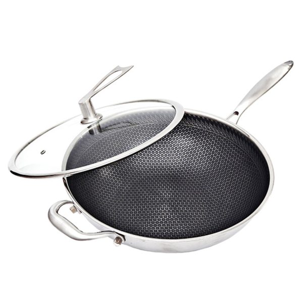 1-SOGA 34cm Stainless Steel Tri-Ply Frying Cooking Fry Pan Textured Non Stick Skillet with Glass Lid and Helper Handle