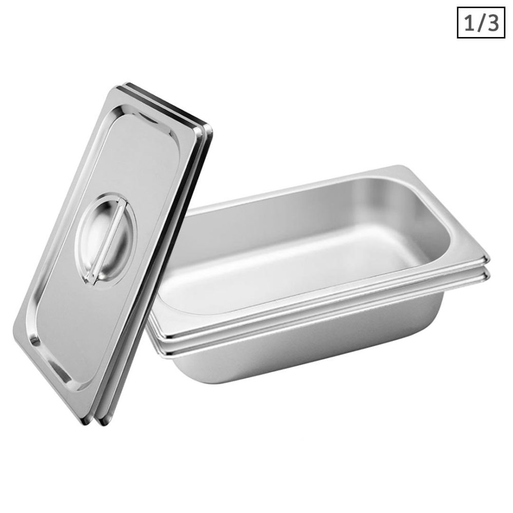 1-SOGA 2X Gastronorm GN Pan Full Size 1/3 GN Pan 6.5 cm Deep Stainless Steel Tray With Lid