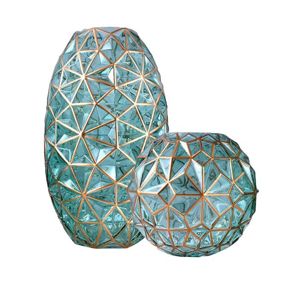 1-SOGA Green Colored Diamond Cut Glass Flower Vase Round Jar Home Decor with Gold Accent Large and Medium Set