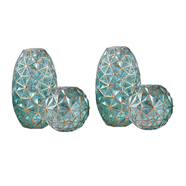 1-SOGA 2X Green Colored Diamond Cut Glass Flower Vase Round Jar Home Decor with Gold Accent Large and Medium Set