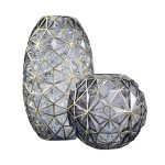 1-SOGA Grey Colored Diamond Cut Glass Flower Vase Round Jar Home Decor with Gold Accent Large and Medium Set