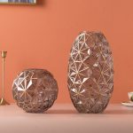 7-SOGA Grey Colored Diamond Cut Glass Flower Vase Round Jar Home Decor with Gold Accent Large and Medium Set