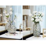 8-SOGA 2X Grey Colored Diamond Cut Glass Flower Vase Round Jar Home Decor with Gold Accent Large and Medium Set