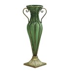 1-SOGA Green Colored European Glass Flower Vase Solid Base with Two Gold Metal Handle