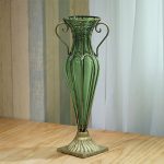 6-SOGA Green Colored European Glass Flower Vase Solid Base with Two Gold Metal Handle