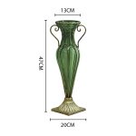7-SOGA Green Colored European Glass Flower Vase Solid Base with Two Gold Metal Handle
