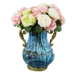 2-SOGA Blue Colored European Glass Home Decor Flower Vase with Two Metal Handle