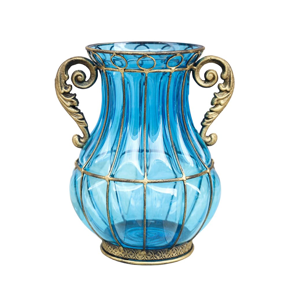 1-SOGA Blue Colored European Glass Home Decor Flower Vase with Two Metal Handle