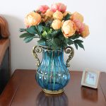 3-SOGA Blue Colored European Glass Home Decor Flower Vase with Two Metal Handle