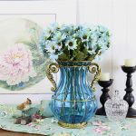 4-SOGA Blue Colored European Glass Home Decor Flower Vase with Two Metal Handle