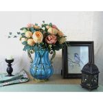 5-SOGA Blue Colored European Glass Home Decor Flower Vase with Two Metal Handle