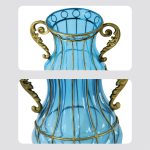 6-SOGA Blue Colored European Glass Home Decor Flower Vase with Two Metal Handle