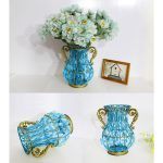 8-SOGA Blue Colored European Glass Home Decor Flower Vase with Two Metal Handle