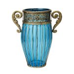 1-SOGA Blue European Colored Glass Home Decor Jar Flower Vase with Two Metal Handle