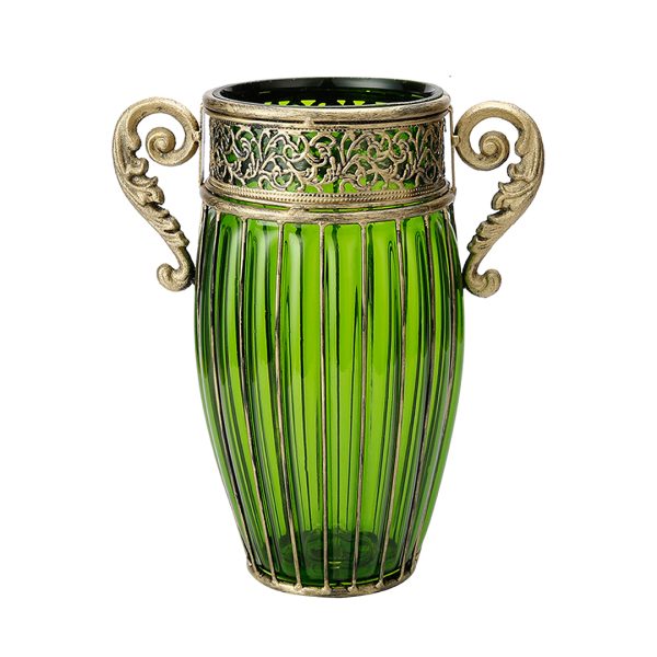 1-SOGA Green European Colored Glass Home Decor Jar Flower Vase with Two Metal Handle