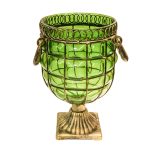 1-SOGA Green Colored European Glass Jar Flower Vase Solid Base with Metal Handle