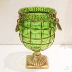 3-SOGA Green Colored European Glass Jar Flower Vase Solid Base with Metal Handle