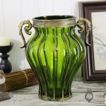 3-SOGA Green Colored European Glass Home Decor Flower Vase with Two Metal Handle