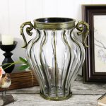 3-SOGA Clear European Glass Home Decor Flower Vase with Two Metal Handle