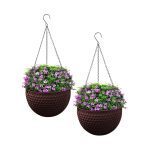 1-SOGA 2X Coffee Small Hanging Resin Flower Pot Self Watering Basket Planter Outdoor Garden Decor