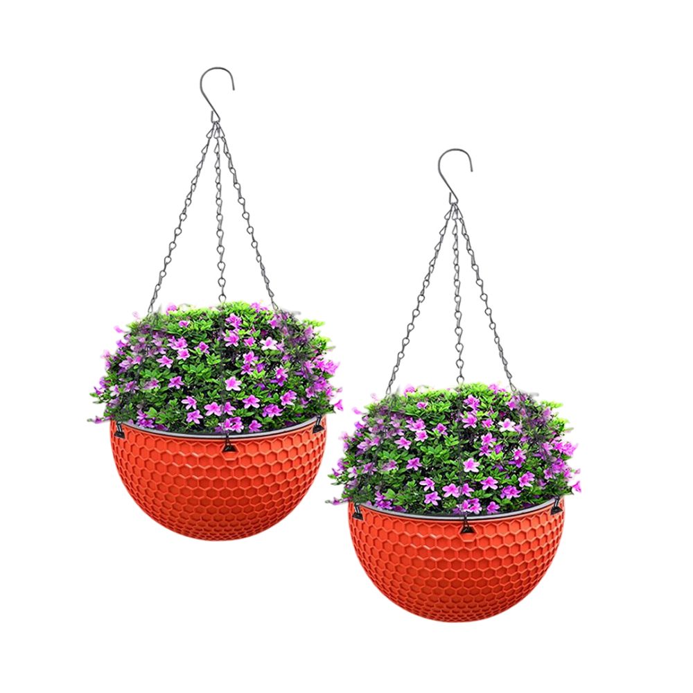 1-SOGA 2X Red Small Hanging Resin Flower Pot Self Watering Basket Planter Outdoor Garden Decor