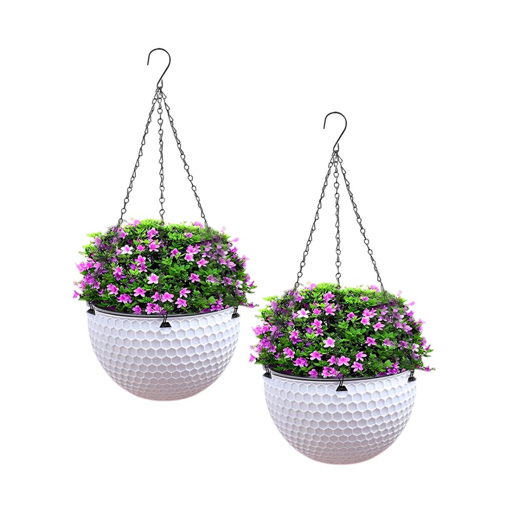 1-SOGA 2X White Small Hanging Resin Flower Pot Self Watering Basket Planter Outdoor Garden Decor