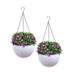 1-SOGA 2X White Small Hanging Resin Flower Pot Self Watering Basket Planter Outdoor Garden Decor