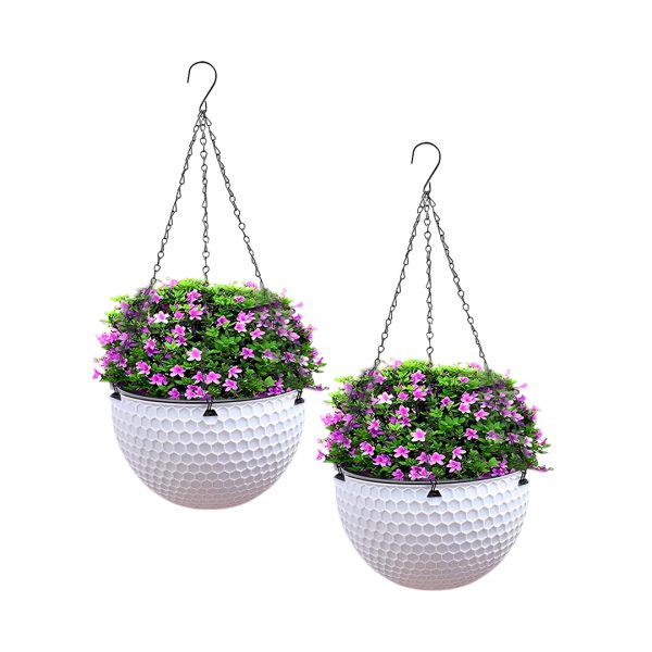 1-SOGA 2X White Small Hanging Resin Flower Pot Self Watering Basket Planter Outdoor Garden Decor