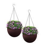 1-SOGA 2X Coffee Medium Hanging Resin Flower Pot Self Watering Basket Planter Outdoor Garden Decor