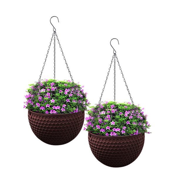 1-SOGA 2X Coffee Medium Hanging Resin Flower Pot Self Watering Basket Planter Outdoor Garden Decor